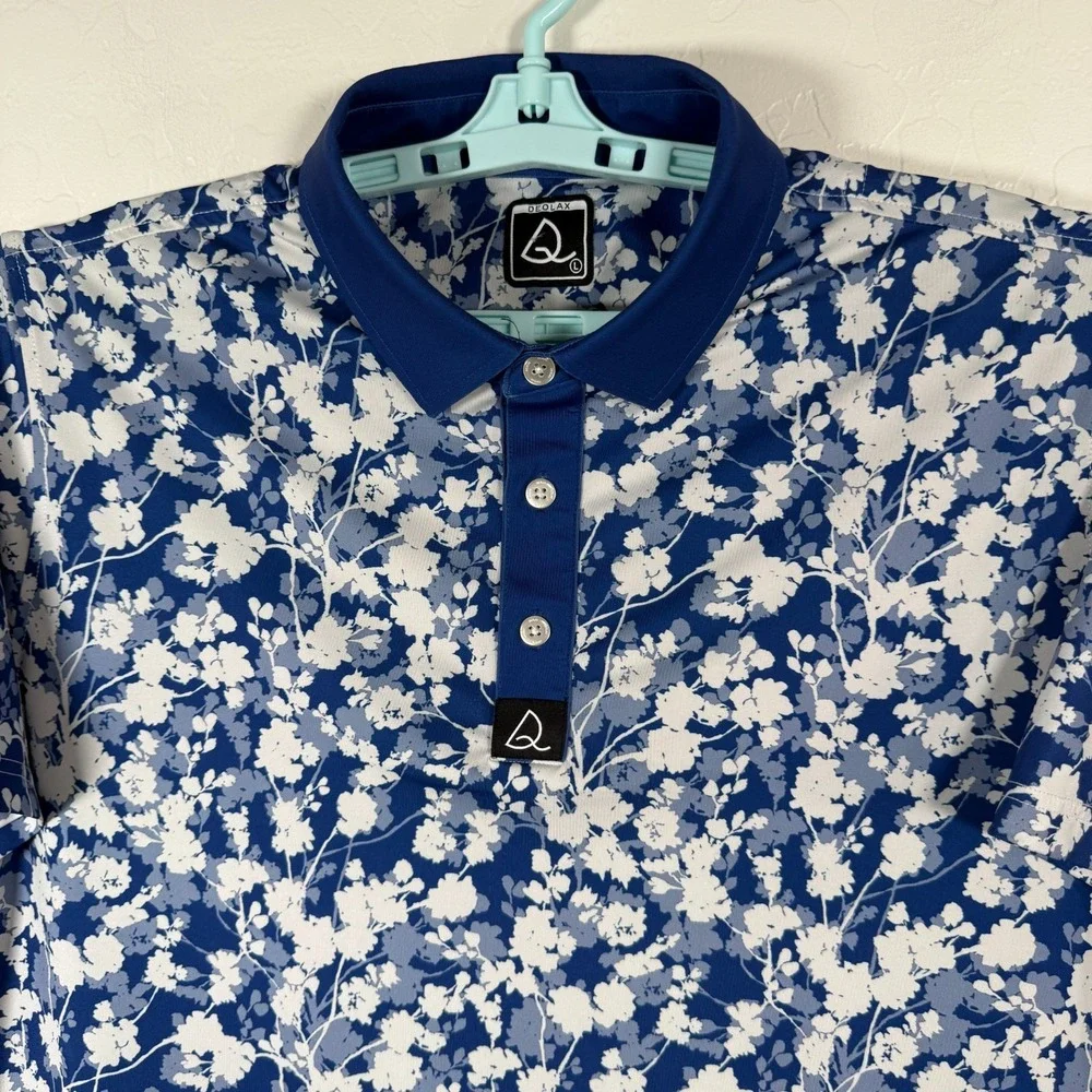 Deolax Polo Shirt Mens Large Blue White Golf Performance Stretch Floral Print - Picture 1 of 8